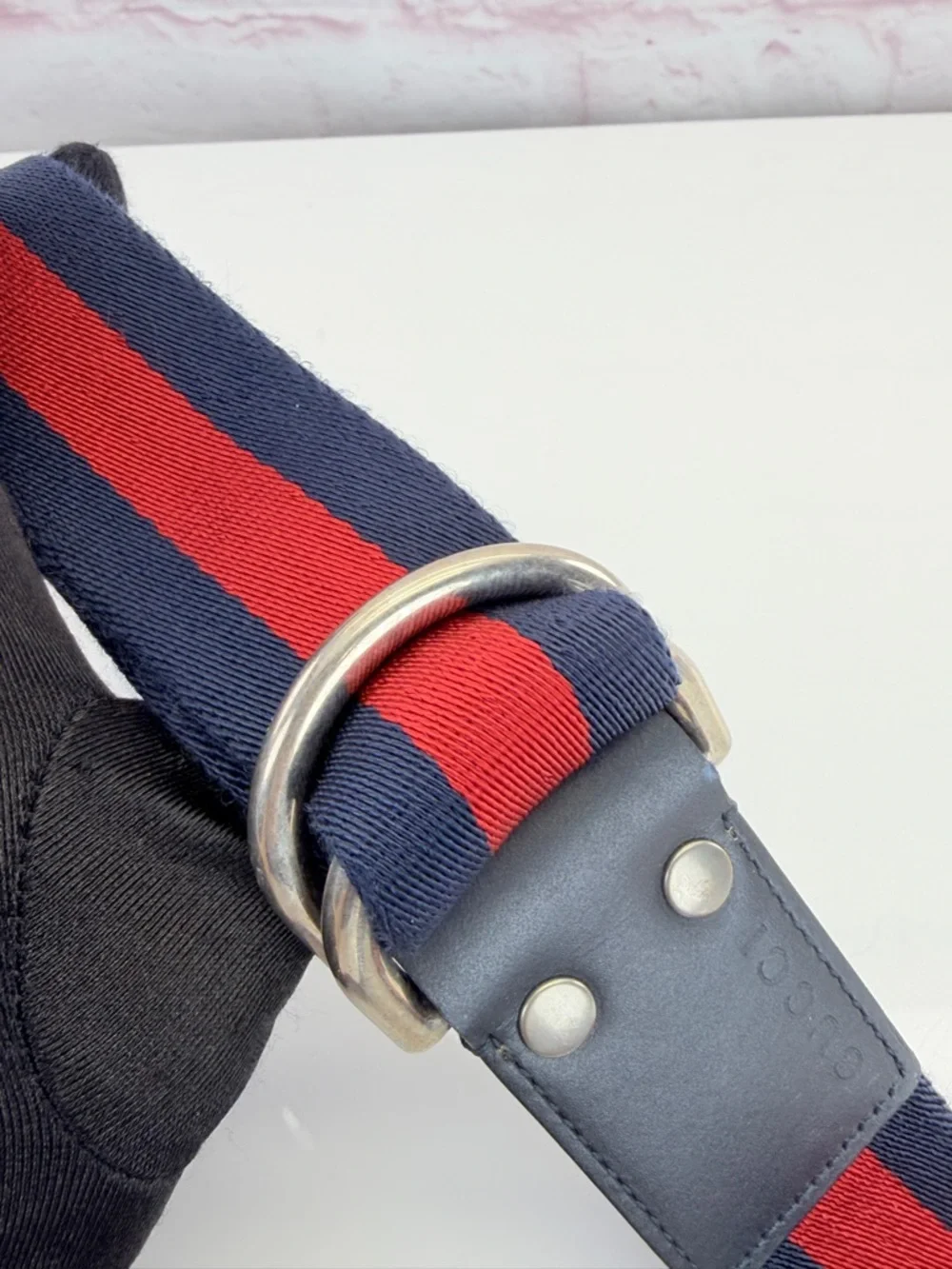 Gucci Web D Ring Unisex Navy & Red Stripe Belt 451136 100/40